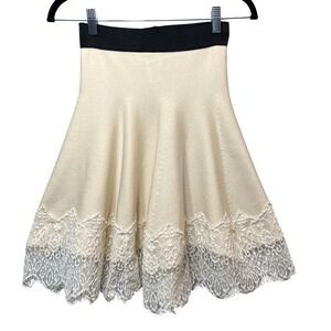 By Bomi Lace Trim Skirt A-Line Knit‎ Mini Black Waist Ivory Cream Small XS